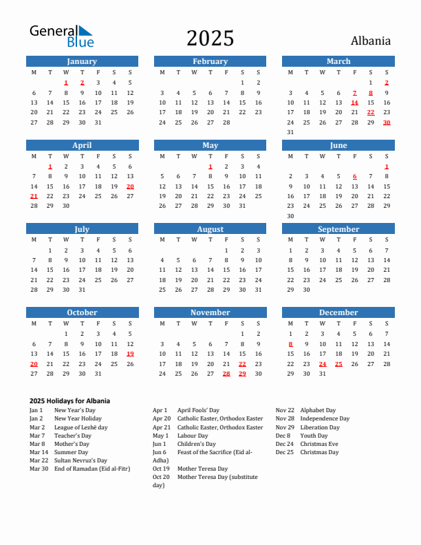 Albania 2025 Calendar with Holidays