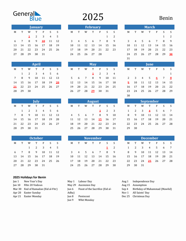 Benin 2025 Calendar with Holidays