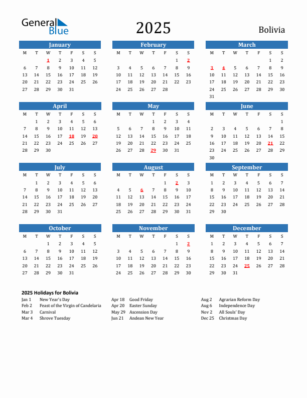 Bolivia 2025 Calendar with Holidays