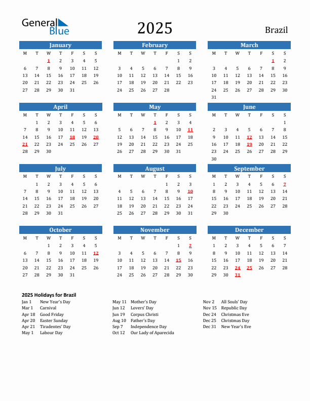 Brazil 2025 Calendar with Holidays