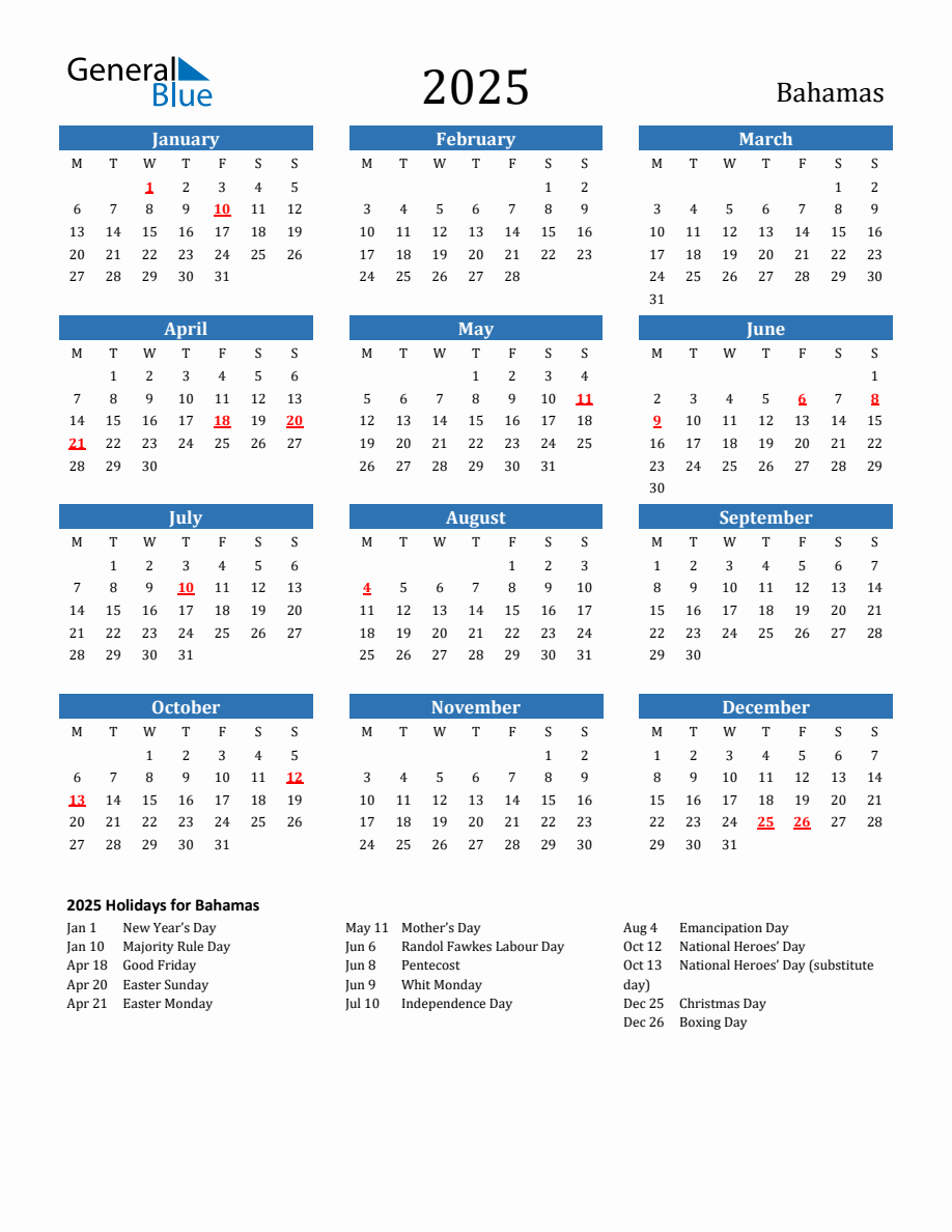 Bahamas 2025 Calendar with Holidays