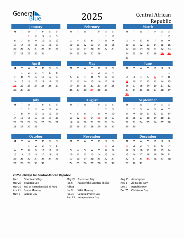 Central African Republic 2025 Calendar with Holidays