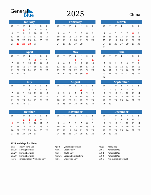 China 2025 Calendar with Holidays