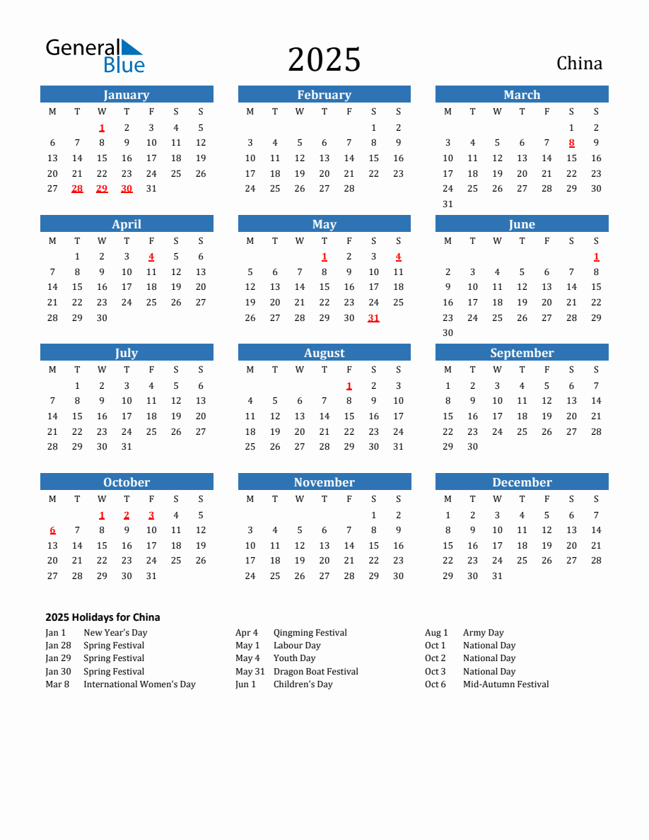 China 2025 Calendar with Holidays