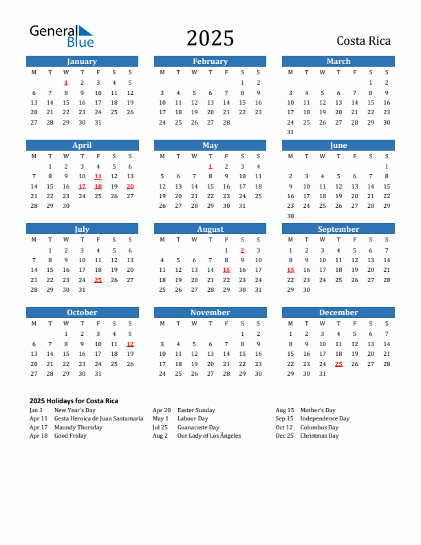 Costa Rica 2025 Calendar with Holidays