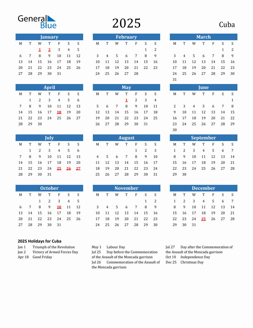 2025 Holiday Calendar for Cuba Monday Start
