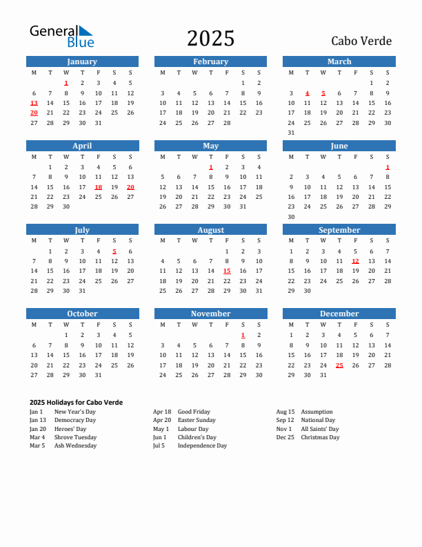 Cabo Verde 2025 Calendar with Holidays