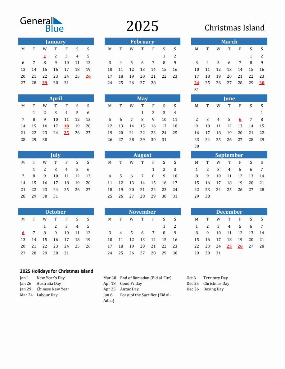 Christmas Island 2025 Calendar with Holidays