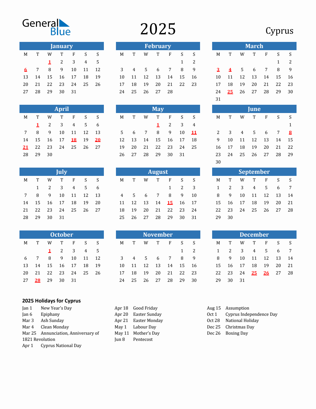 2025 Holiday Calendar for Cyprus Monday Start