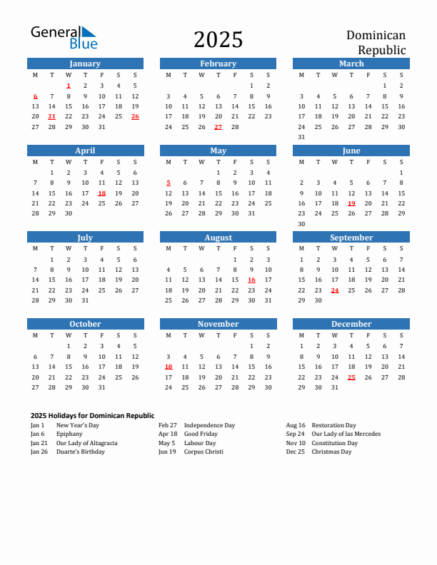 2025 Dominican Republic Calendar with Holidays