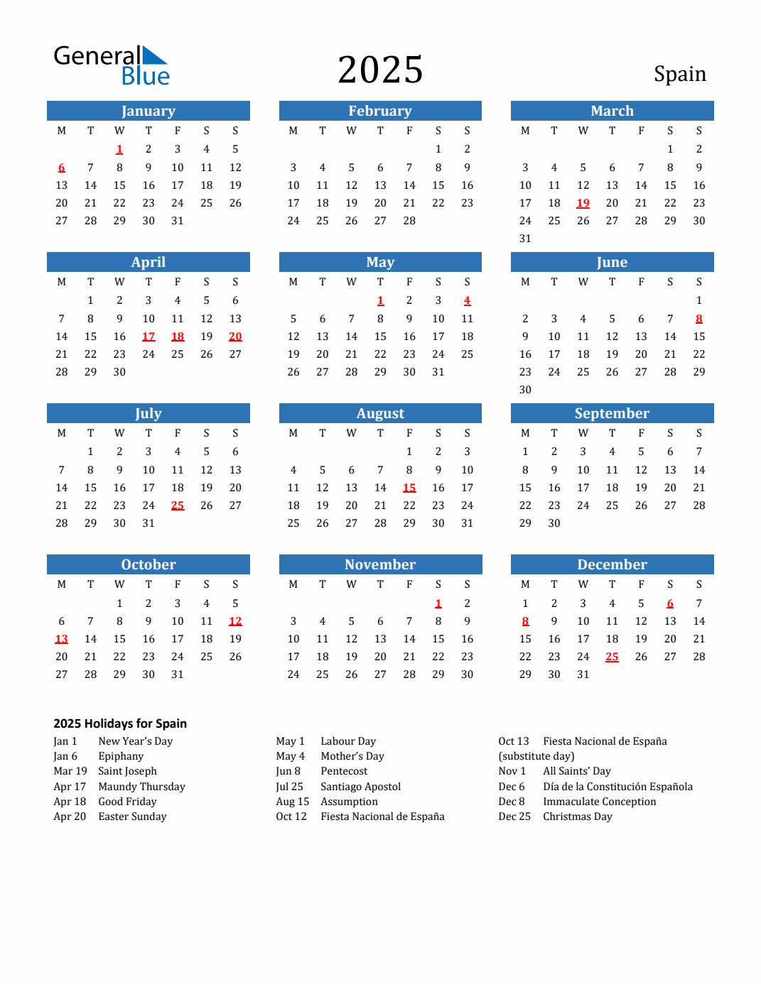 2025 Holiday Calendar for Spain Monday Start