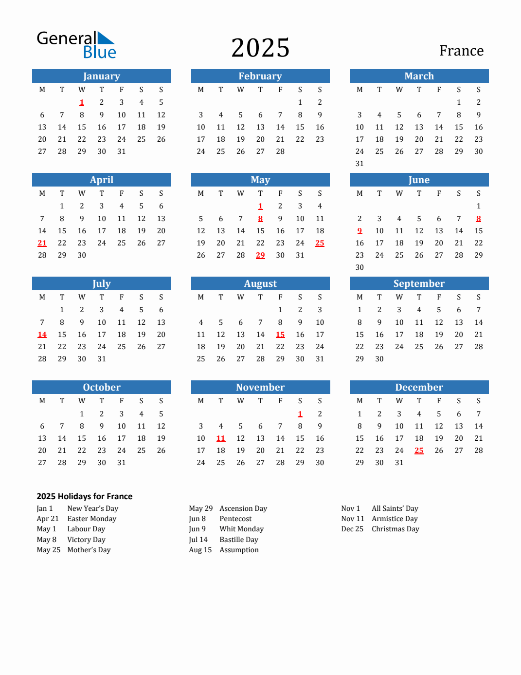 2025 Holiday Calendar for France Monday Start