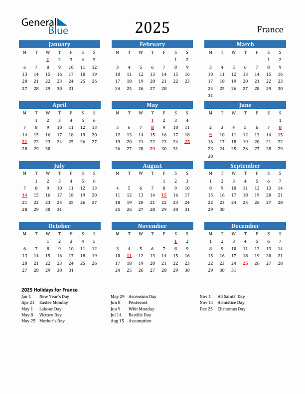 France 2025 Calendar with Holidays