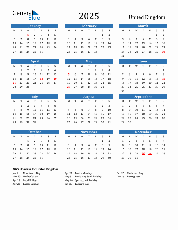 United Kingdom 2025 Calendar with Holidays