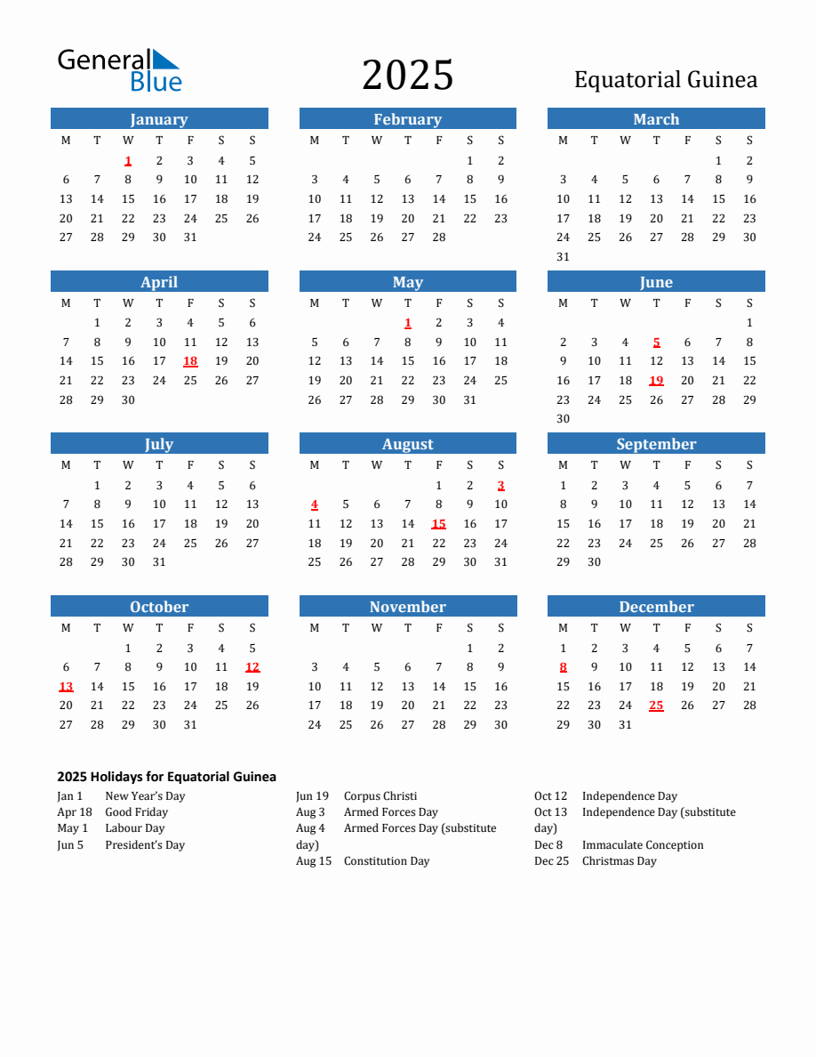 Equatorial Guinea 2025 Calendar with Holidays