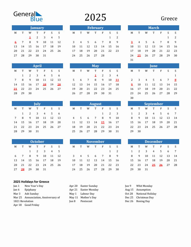 Greece 2025 Calendar with Holidays