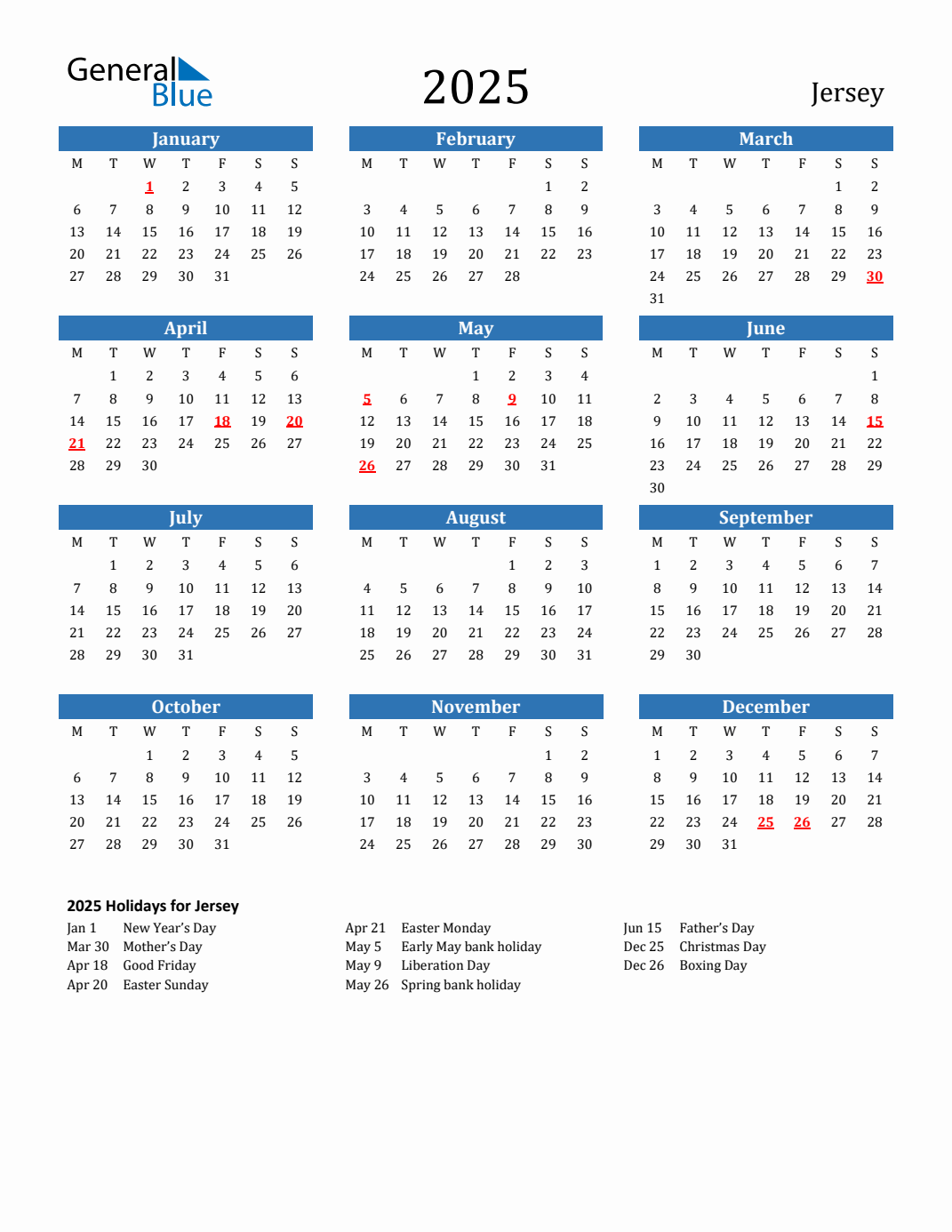 2025 Holiday Calendar for Jersey Monday Start
