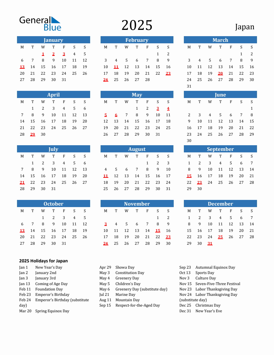 Japan 2025 Calendar with Holidays