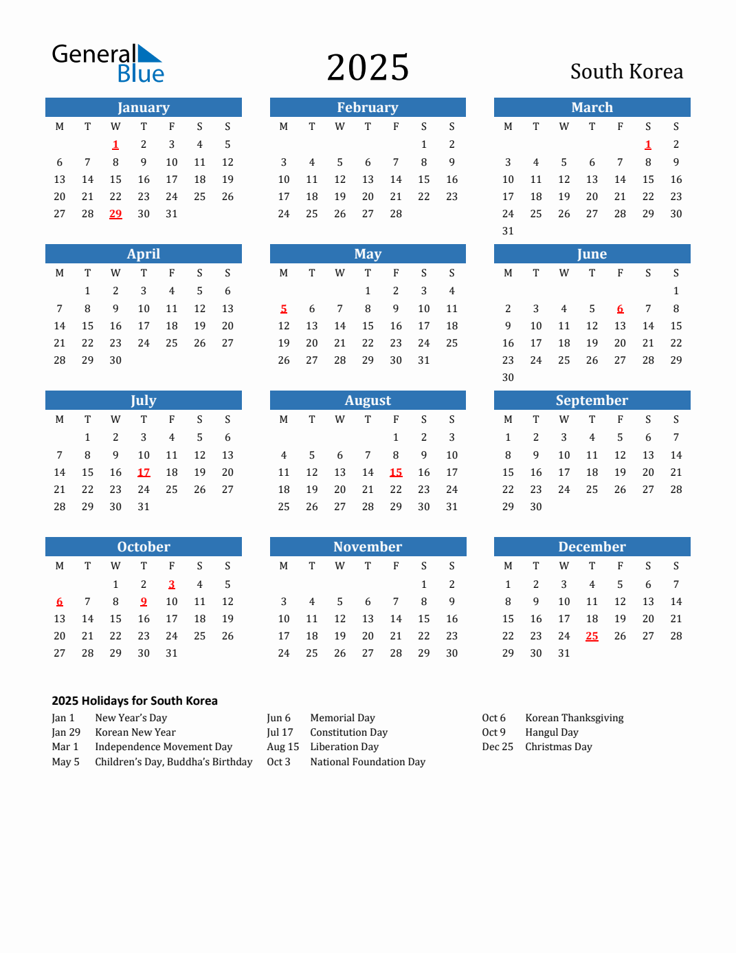 2025 Holiday Calendar for South Korea Monday Start