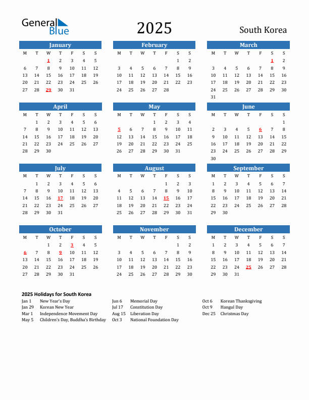 South Korea 2025 Calendar with Holidays