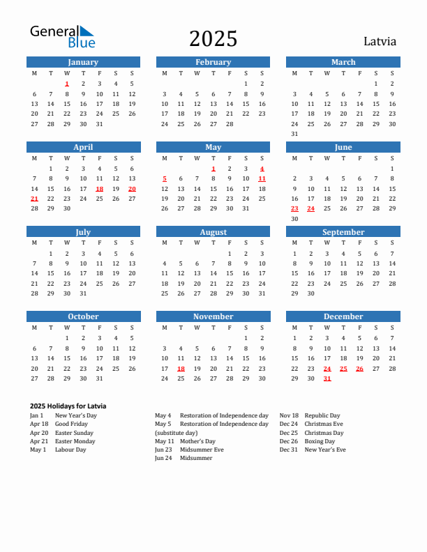 Latvia 2025 Calendar with Holidays