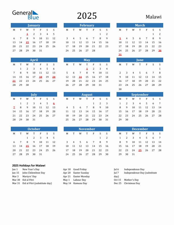 Malawi 2025 Calendar with Holidays