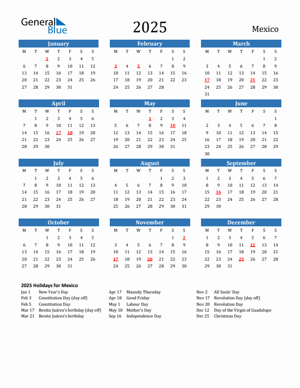 Mexico 2025 Calendar with Holidays