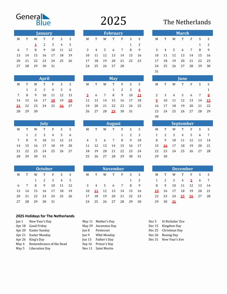 The Netherlands 2025 Calendar with Holidays