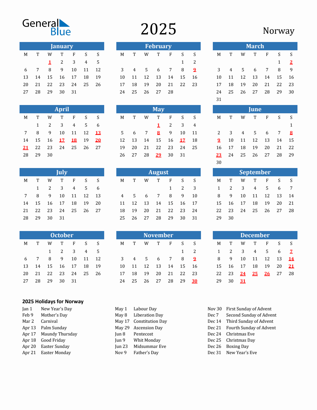2025 Holiday Calendar for Norway Monday Start
