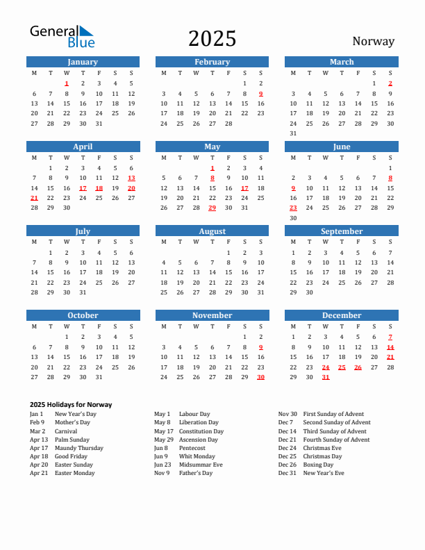 Norway 2025 Calendar with Holidays