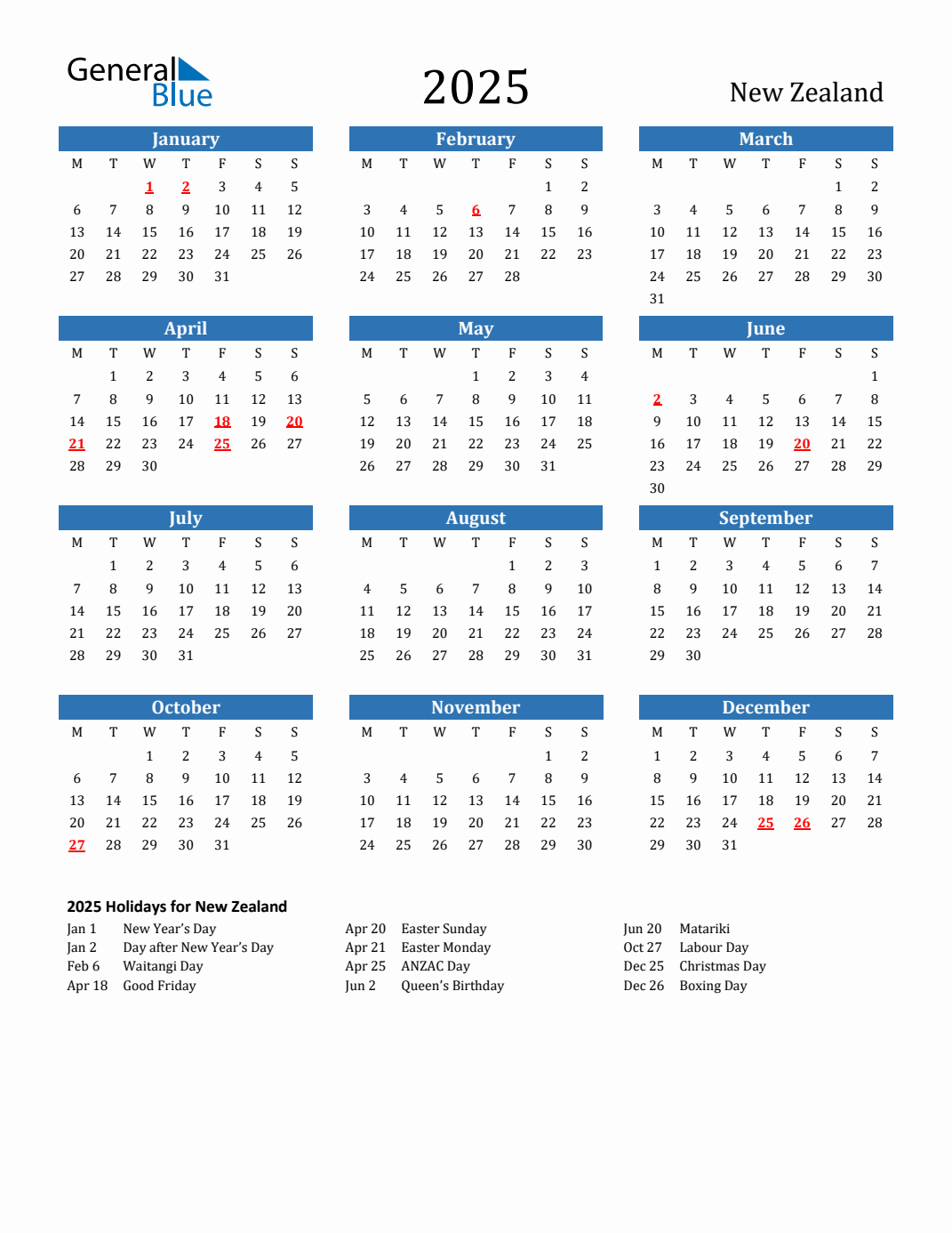 2025 Holiday Calendar for New Zealand - Monday Start