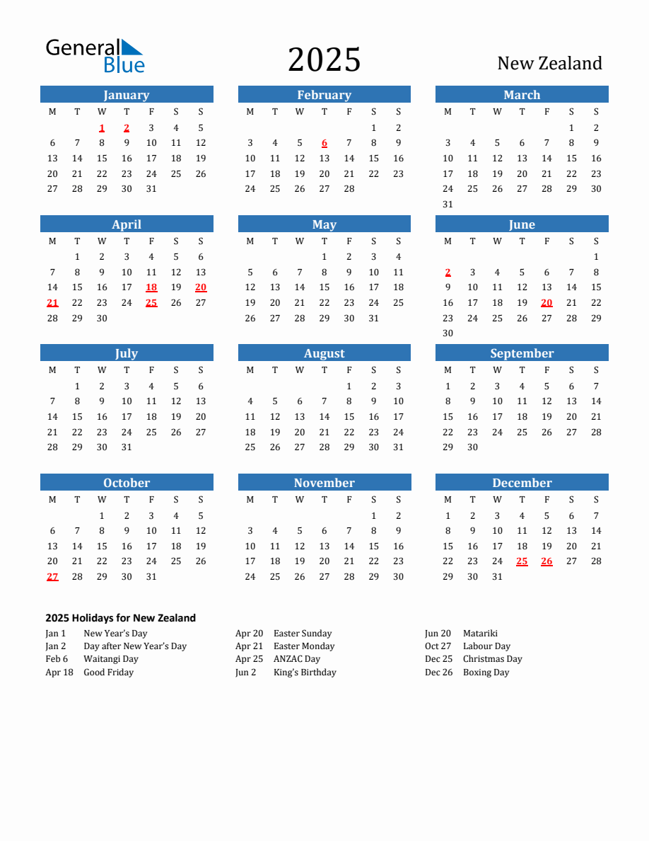 New Zealand 2025 Calendar with Holidays