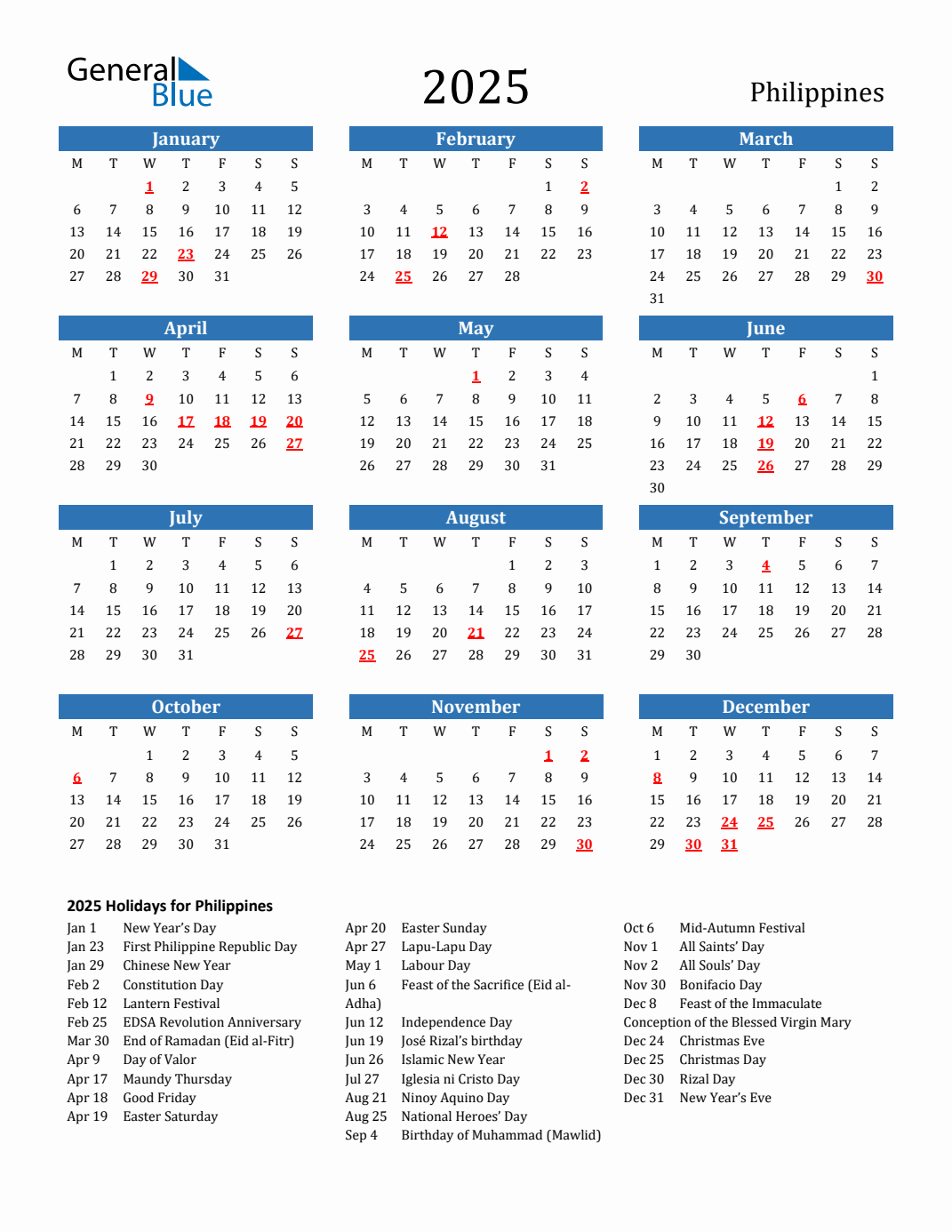 2025 Holiday Calendar for Philippines Monday Start
