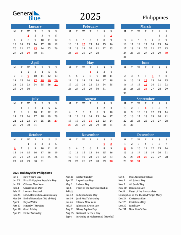 Philippines 2025 Calendar with Holidays