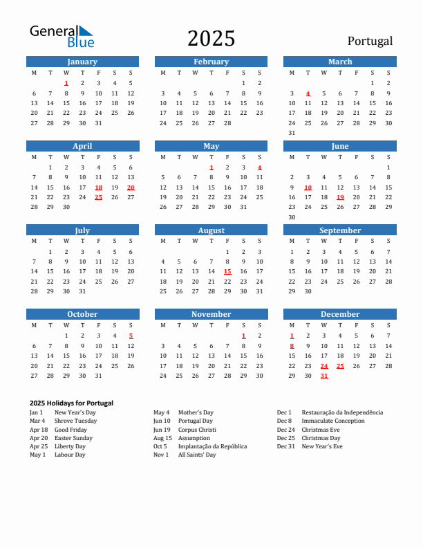 2025 Portugal Calendar with Holidays