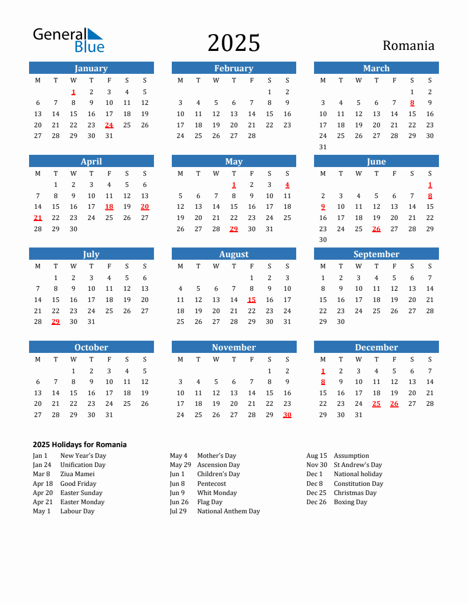 Romania 2025 Calendar with Holidays