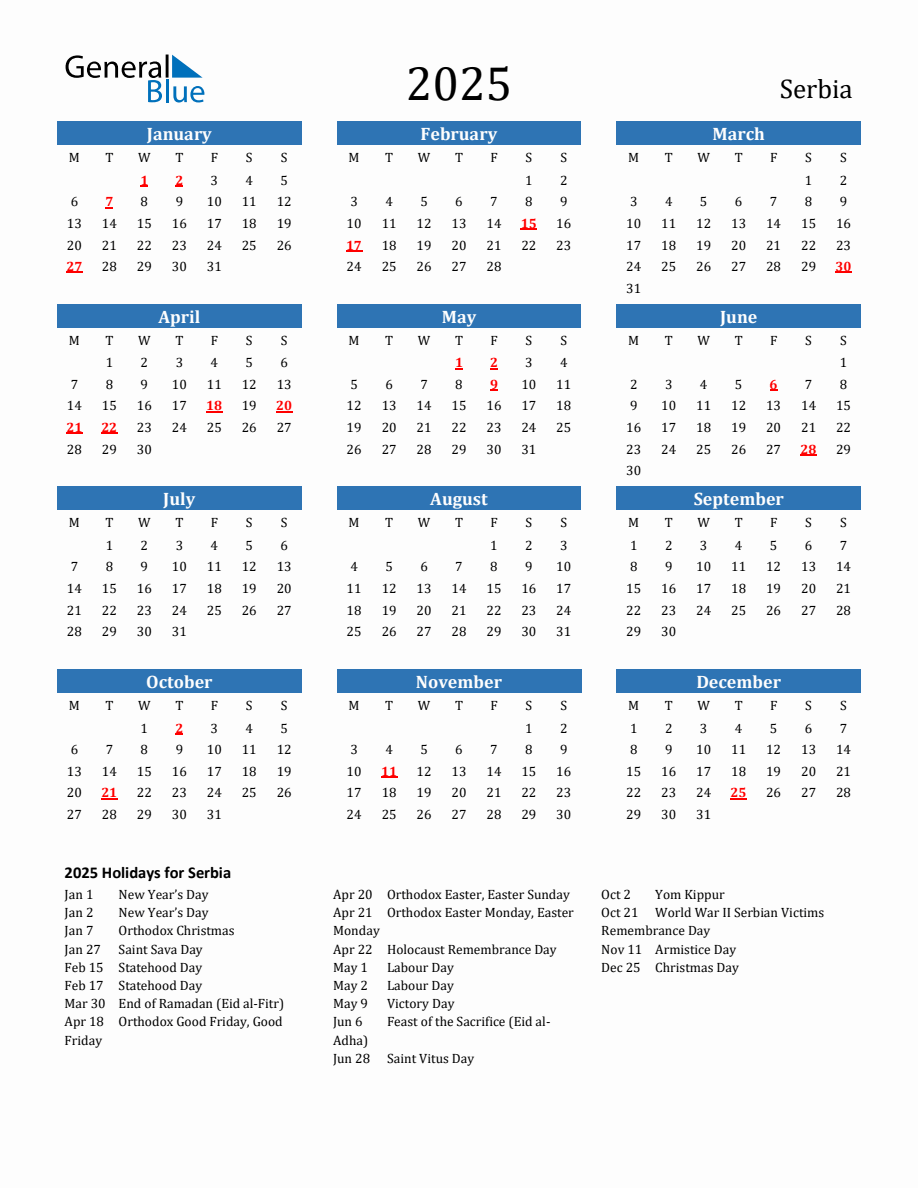 Serbia 2025 Calendar with Holidays