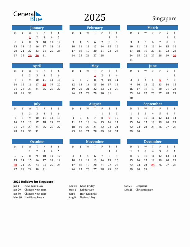 Singapore 2025 Calendar with Holidays