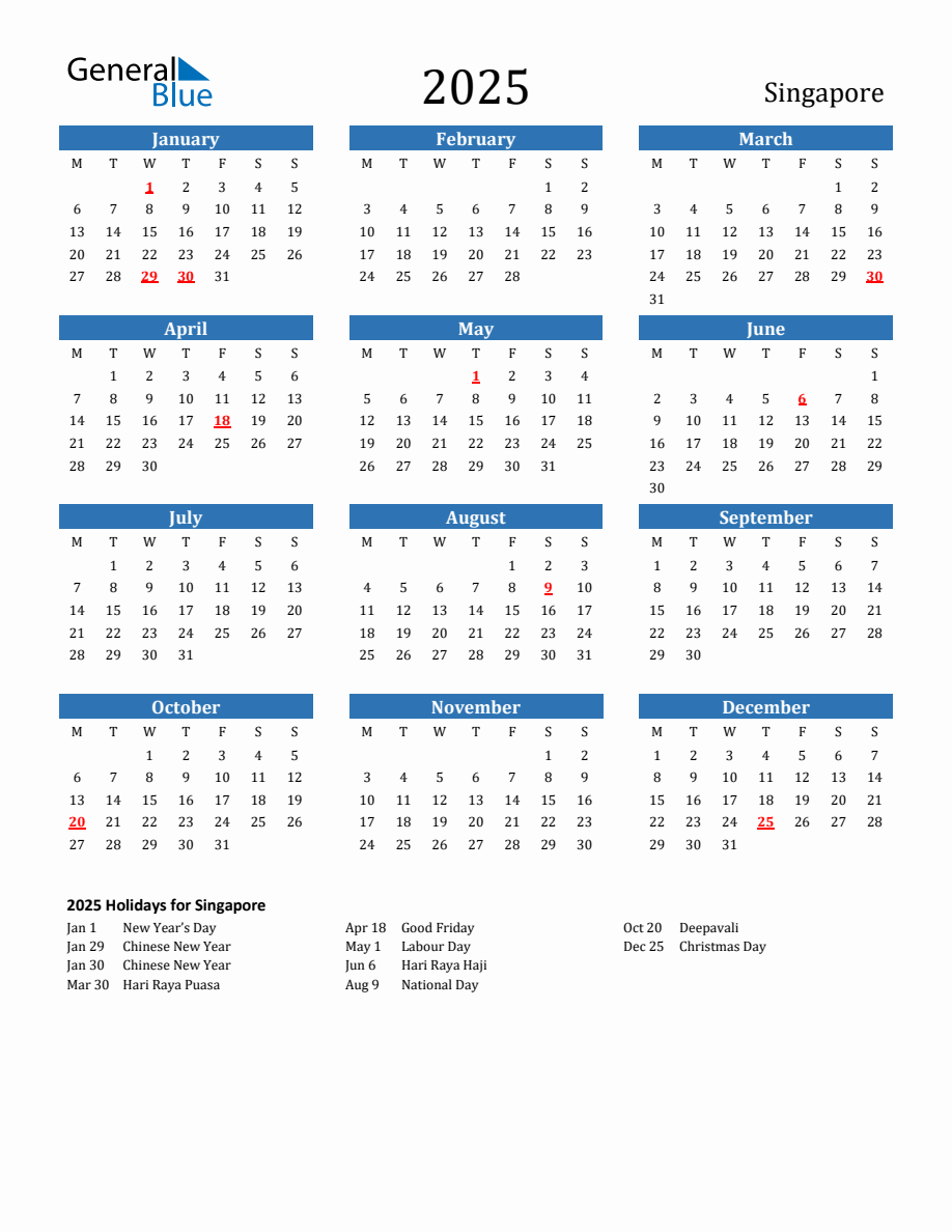 Singapore 2025 Calendar with Holidays