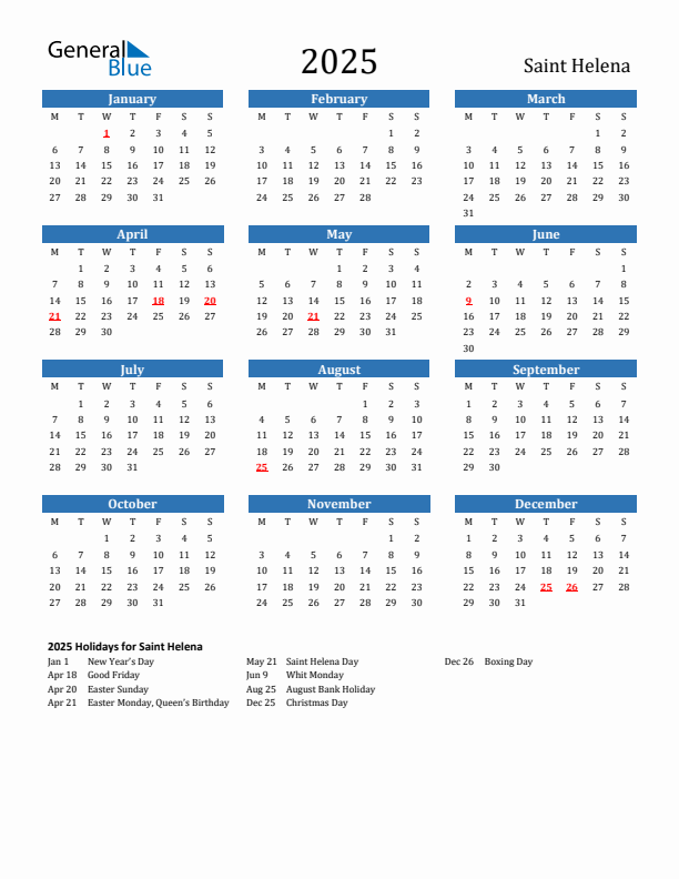 Saint Helena 2025 Calendar with Holidays