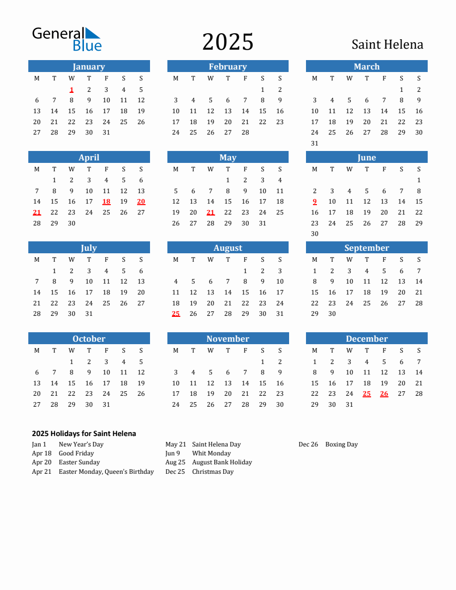 Saint Helena 2025 Calendar with Holidays