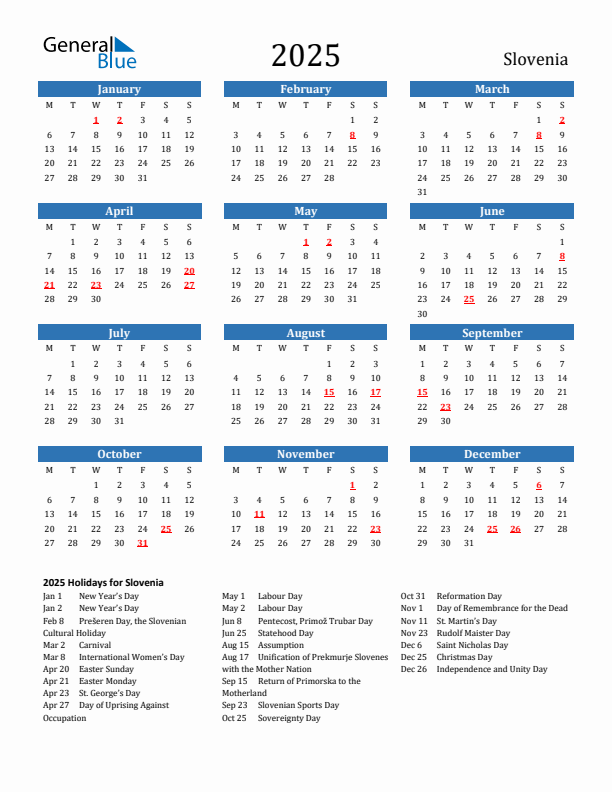 Slovenia 2025 Calendar with Holidays