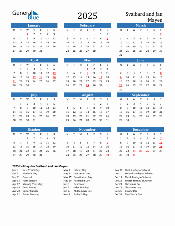 Svalbard and Jan Mayen 2025 Calendar with Holidays
