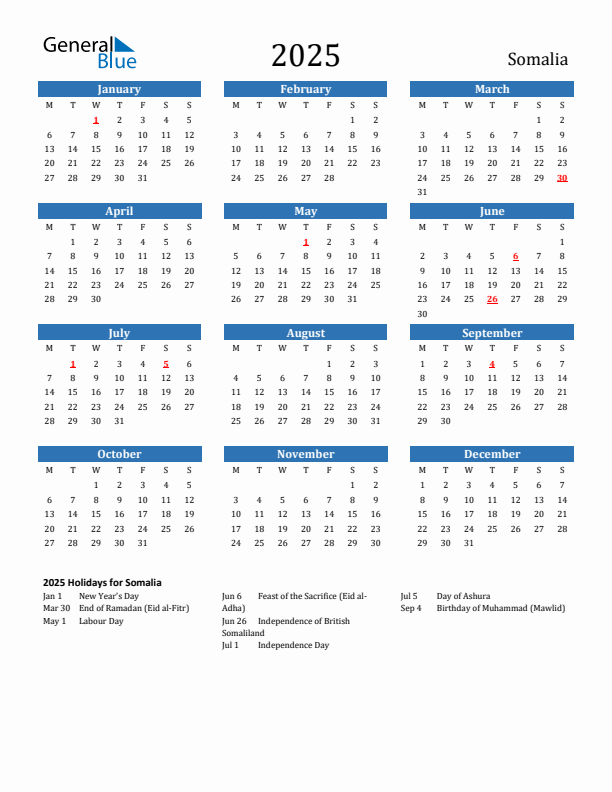 Somalia 2025 Calendar with Holidays