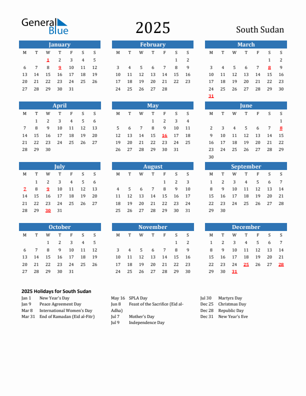South Sudan 2025 Calendar with Holidays