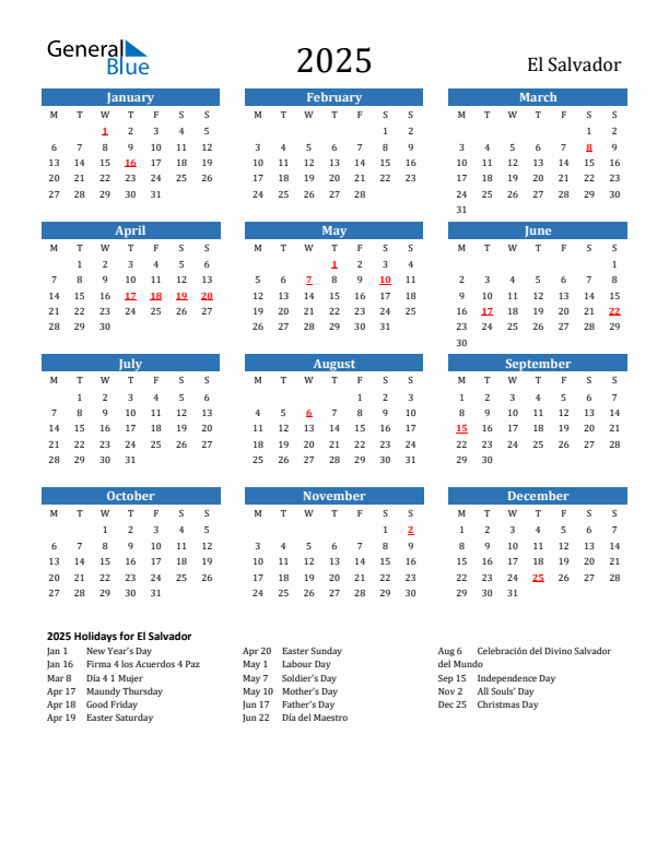 El Salvador 2025 Calendar with Holidays