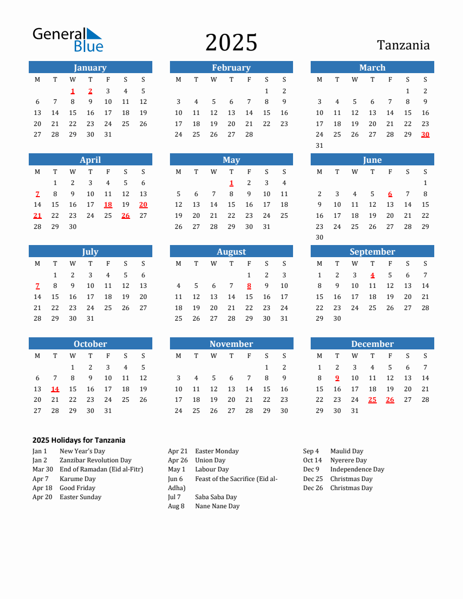 Tanzania 2025 Calendar with Holidays