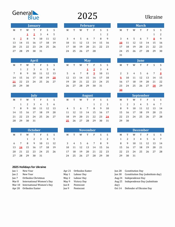 Ukraine 2025 Calendar with Holidays
