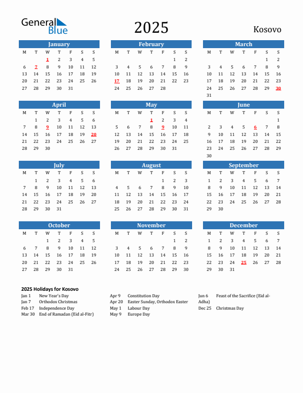 Kosovo 2025 Calendar with Holidays