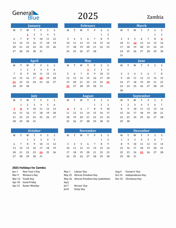 Zambia 2025 Calendar with Holidays